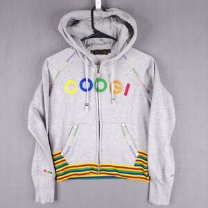Coogi Zip Up Hoodie Womens Medium Gray Rainbow Embroidered Logo Striped Fleece